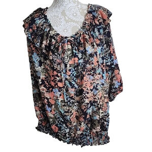 Lane Bryant women's shirt sleeve ruffle neckline boho black floral top, 26/28